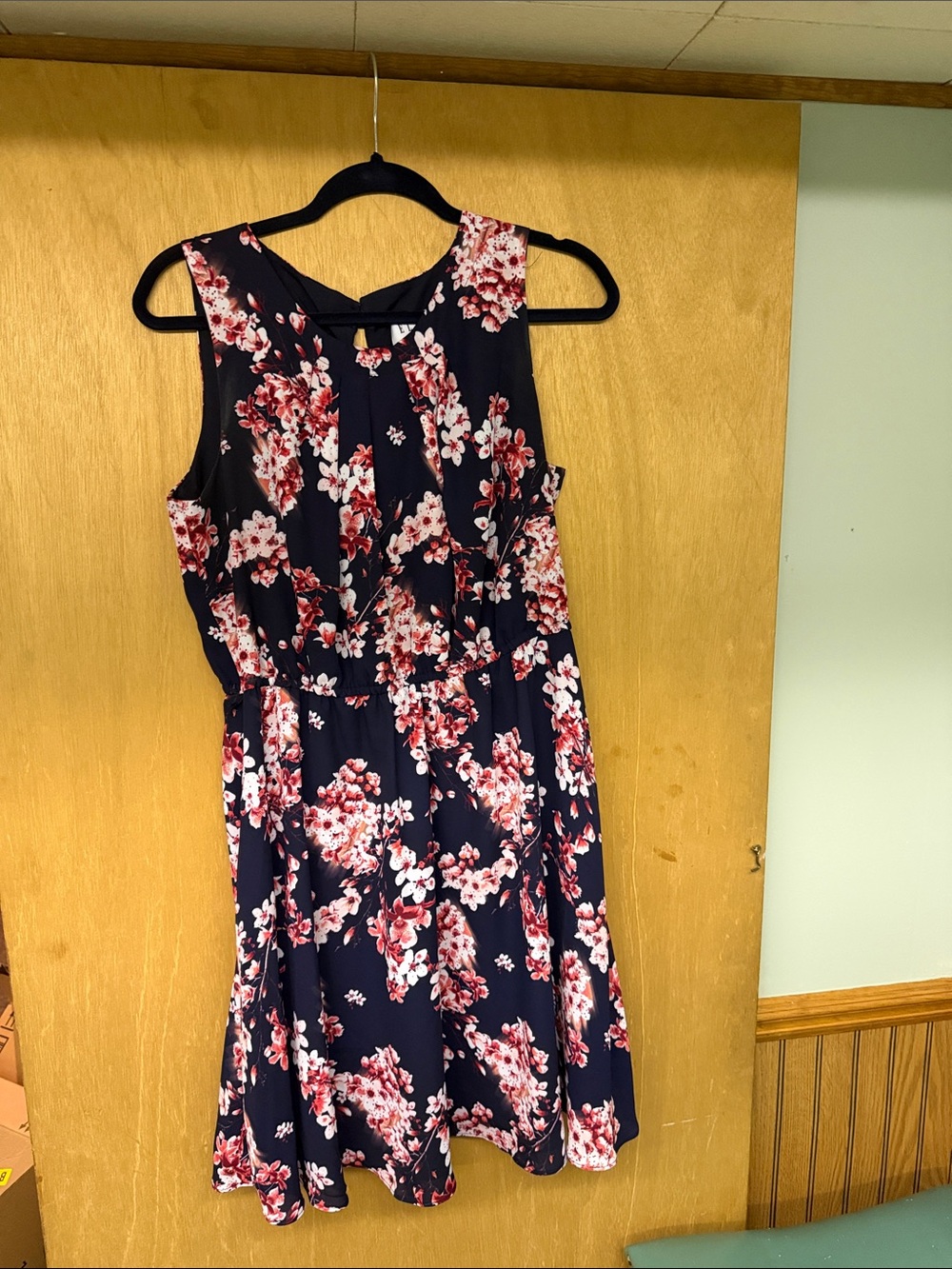 Elle Navy Floral Midi Dress with Pink Blossoms